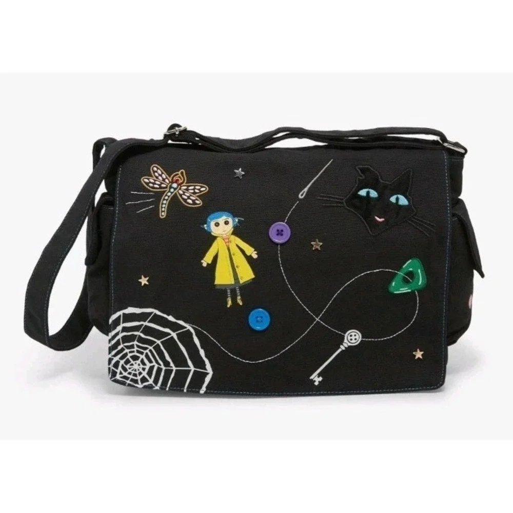 NEW Coraline Icons Glow-In-The-Dark Embroidered Messenger Bag 3D Buttons